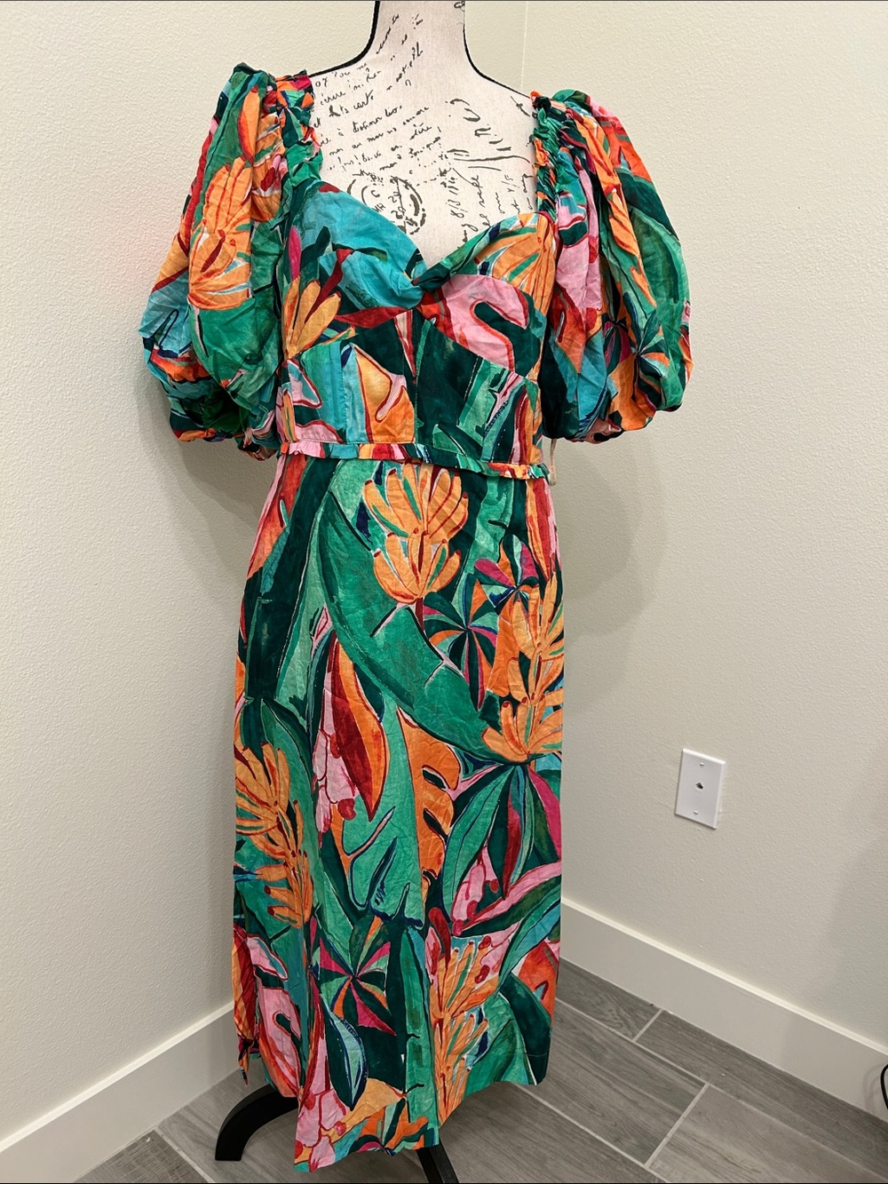 Farm Rio Banana Foliage Puff-Sleeve Cotton Voile Midi Dress